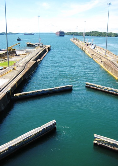 last gates of Gatun Lock open; Zim Haifa in distance